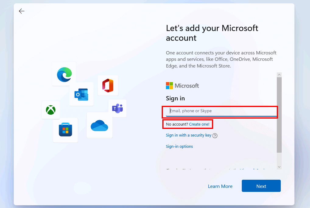 Windows 11 installation: add Microsoft account