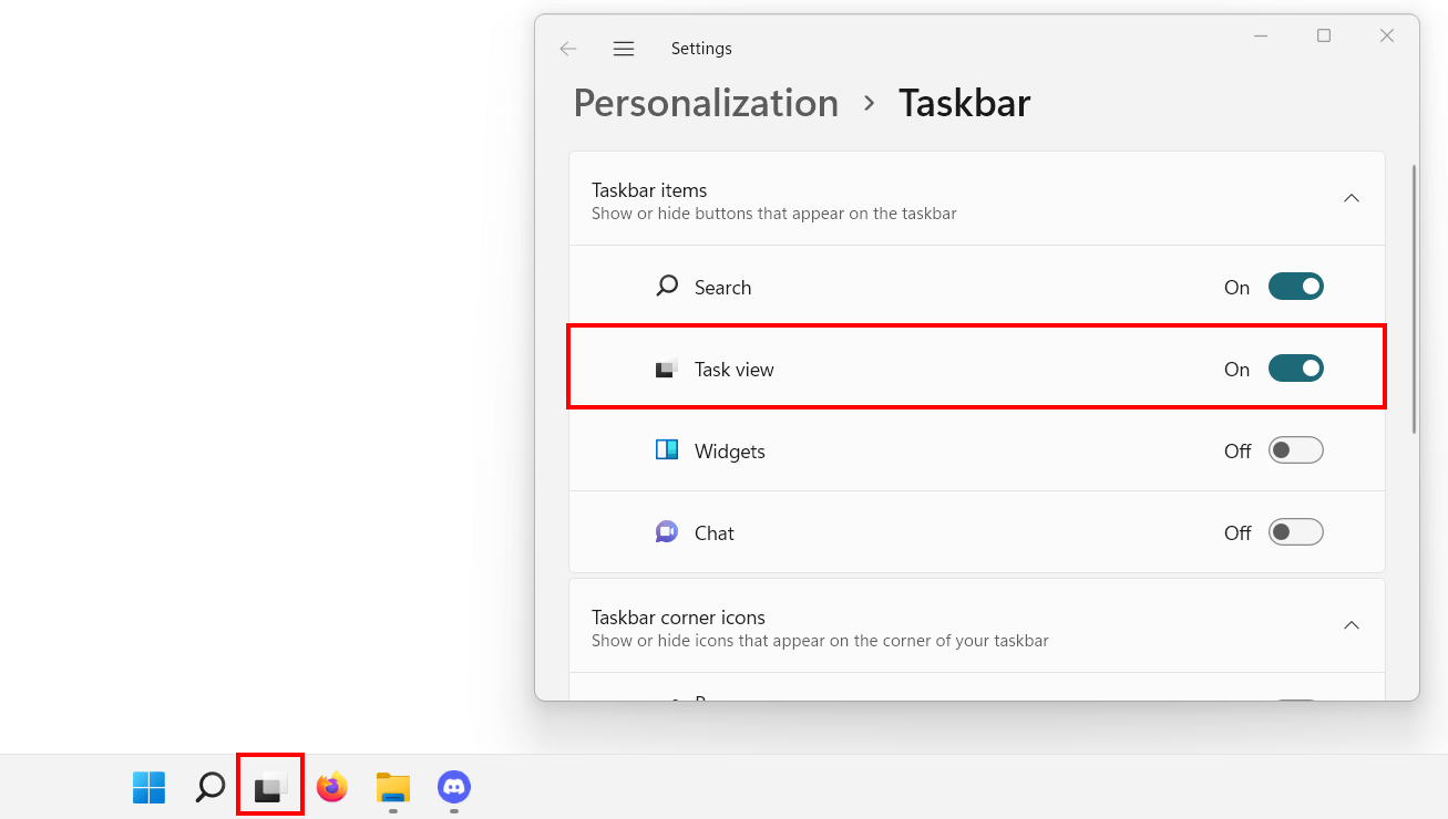 Windows 11: Taskbar menu item “Task view”