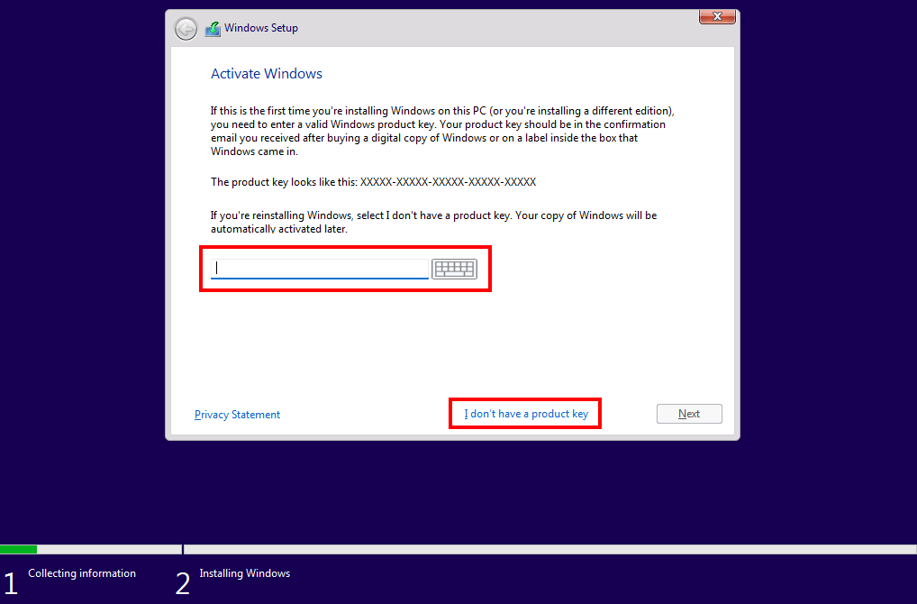 Windows 11 upgrade: product key step