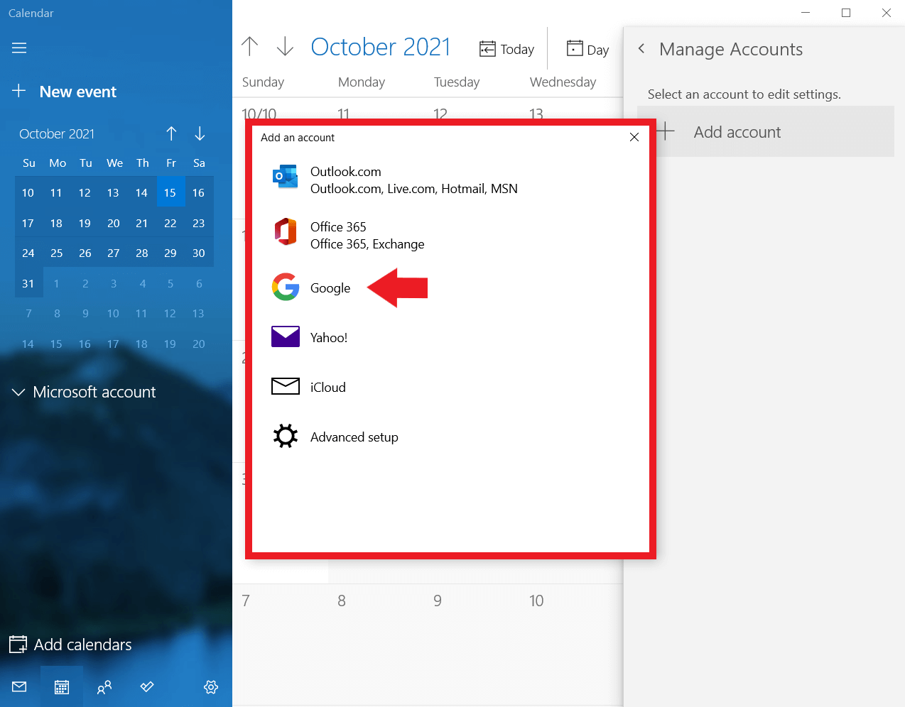 Windows Calendar: Add Google as an account