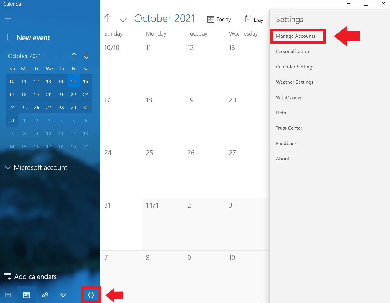 Windows calendar: “Settings”, “Manage accounts”