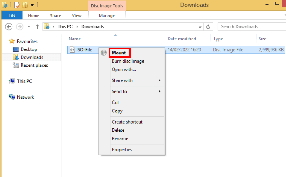 The “Mount” command in the context menu of the ISO file