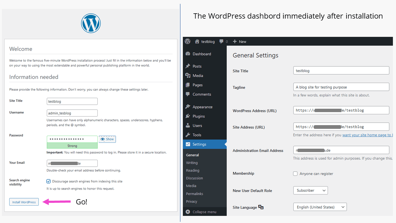 WordPress blog: the WordPress installation for your blog is finished