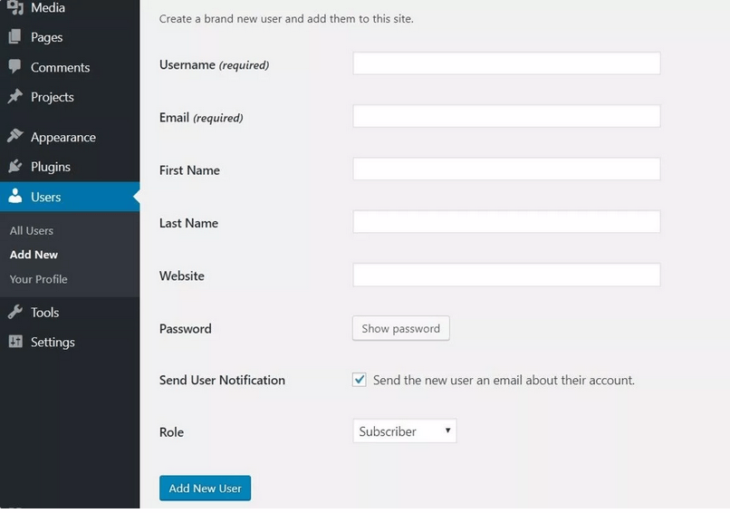 WordPress dashboard with the “Add new user” option