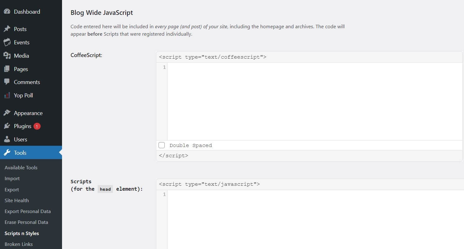 WordPress: Embed JavaScript code with the “Scripts n Styles” plugin