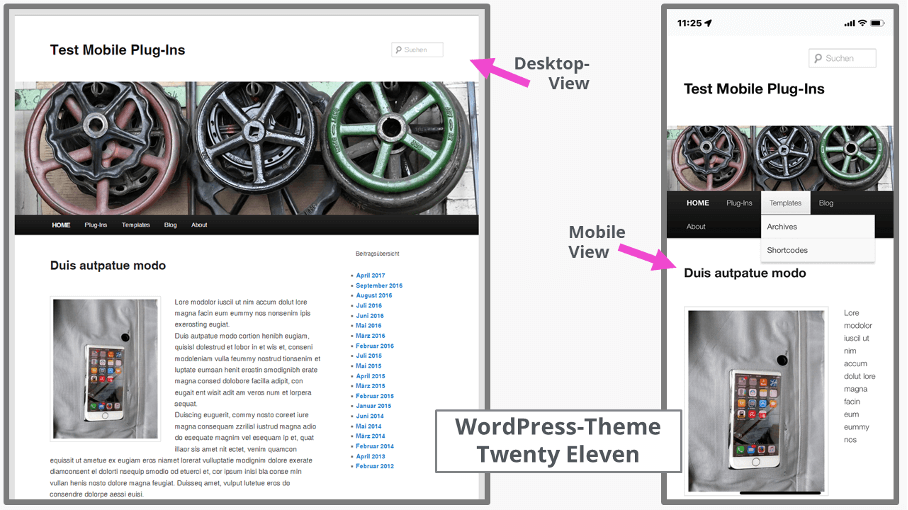 Screenshots of WordPress theme Twenty Eleven on desktop and mobile