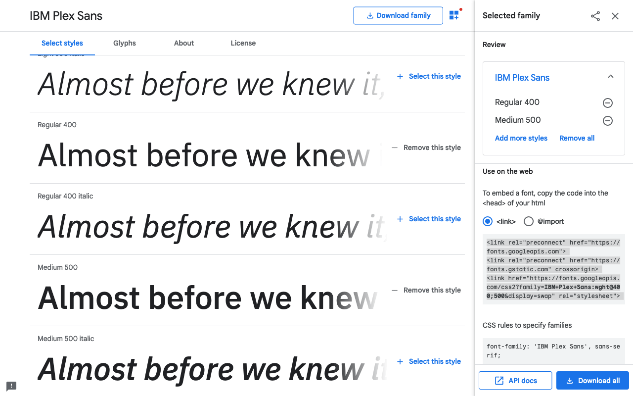 Select Style Variations on Google Fonts