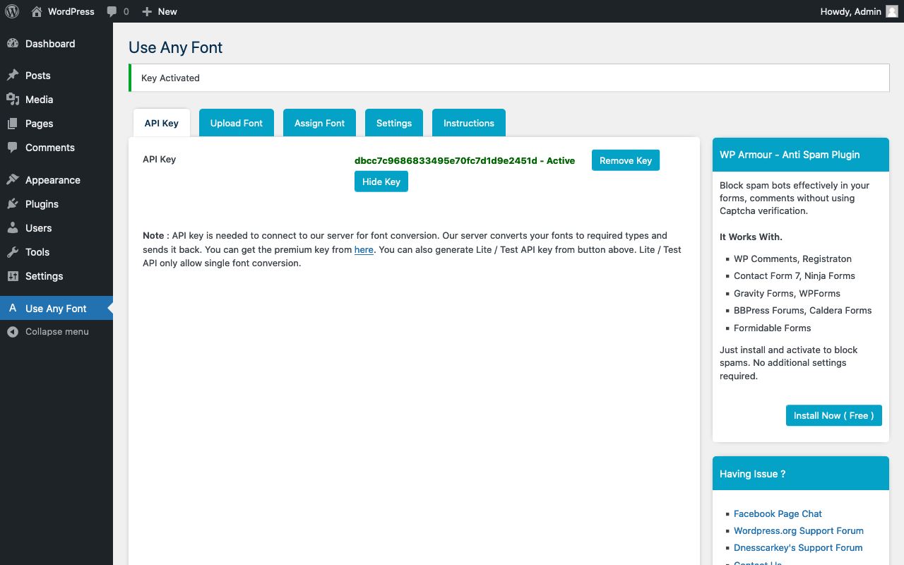 Generate API key for “Use Any Font” plugin