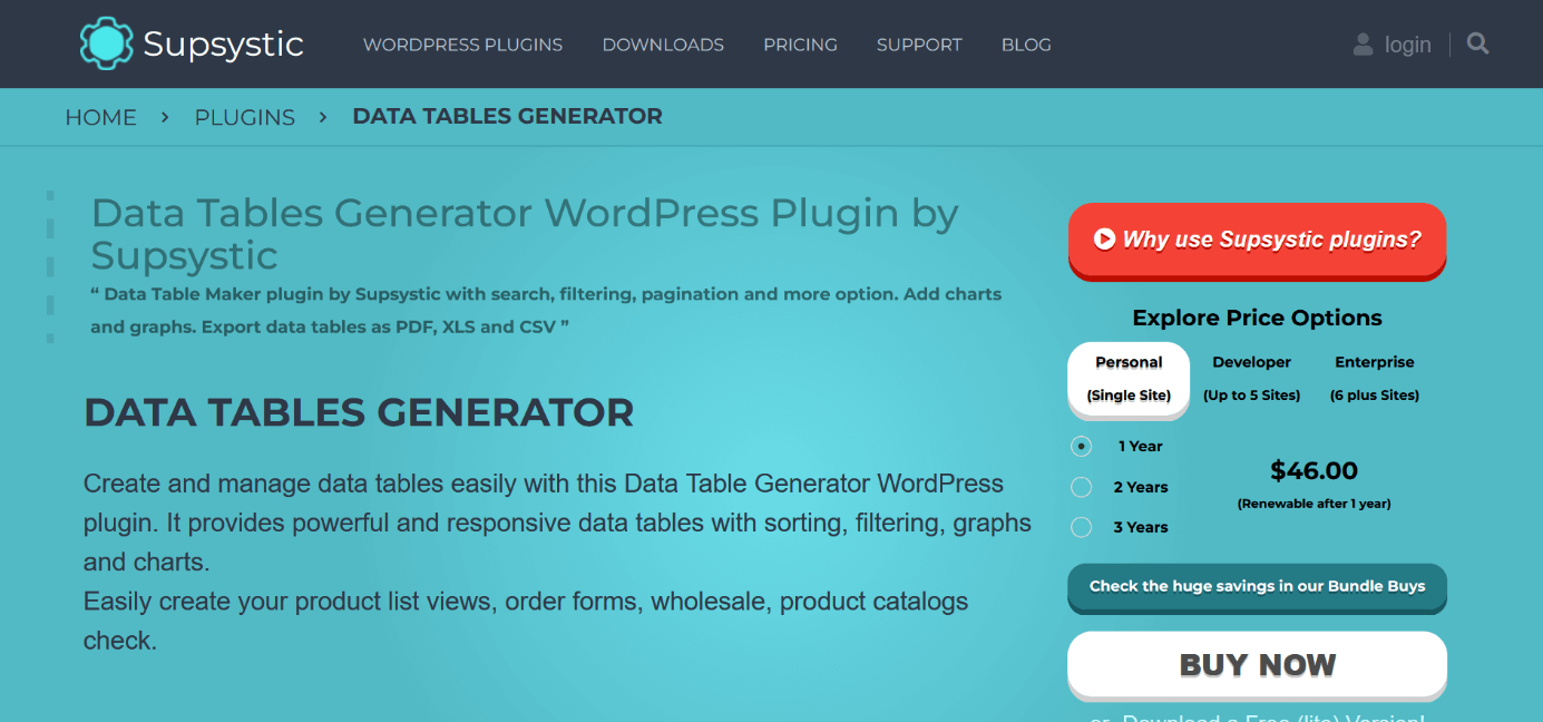 Screenshot of the “Data Tables Generator” table plugin website