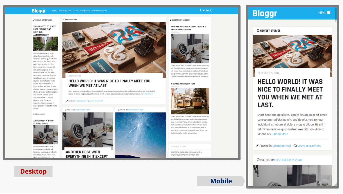 Screenshot of the desktop and mobile versions of the WordPress blog theme Bloggr