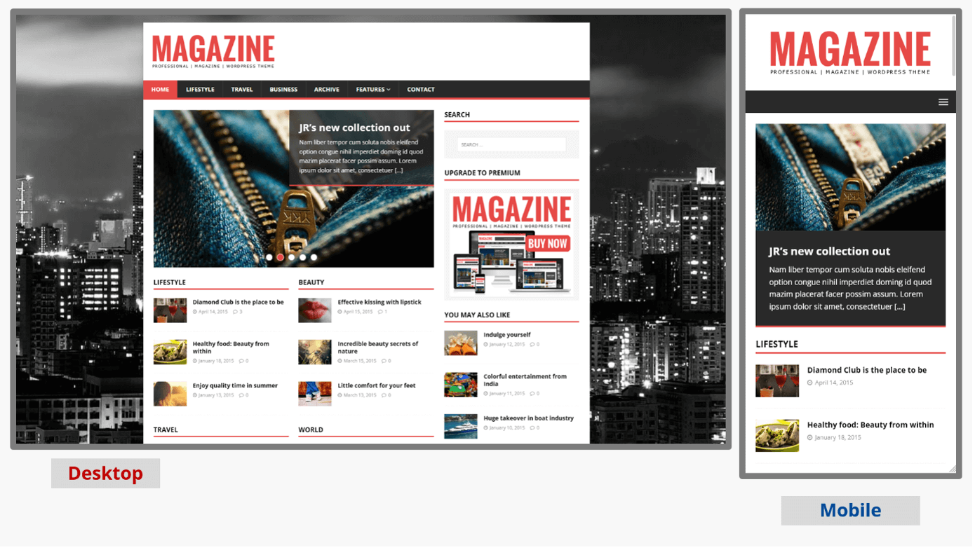 Desktop and mobile screenshots of the WordPress blog theme MH Magazine lite