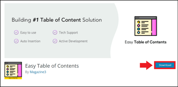 Download page for the “Easy Table of Contents” plugin