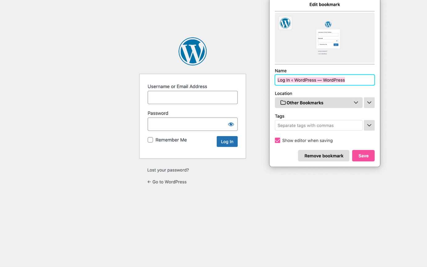 Bookmark to WP admin login page in browser