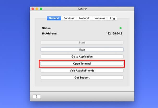 XAMPP user interface with the “Open Terminal” button