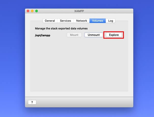 XAMPP interface and “Volumes” menu
