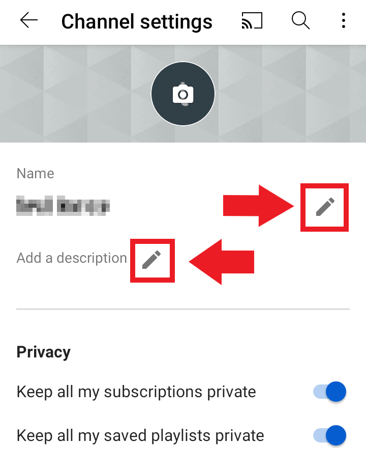 YouTube app: change channel name and description