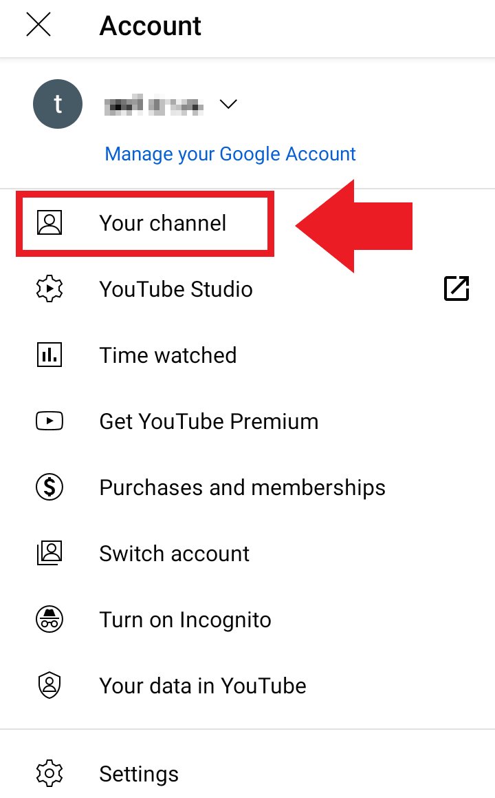 YouTube app: “Your channel” menu entry