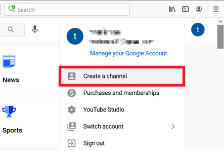 YouTube menu: “Create a channel”