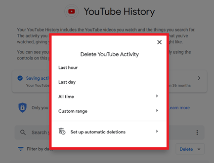 “Delete YouTube activity” dialog