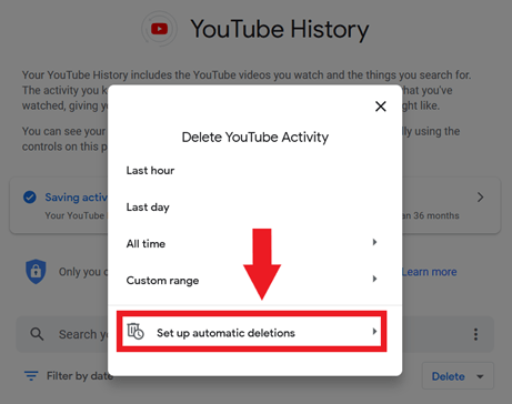 YouTube button “Set up automatic deletions”
