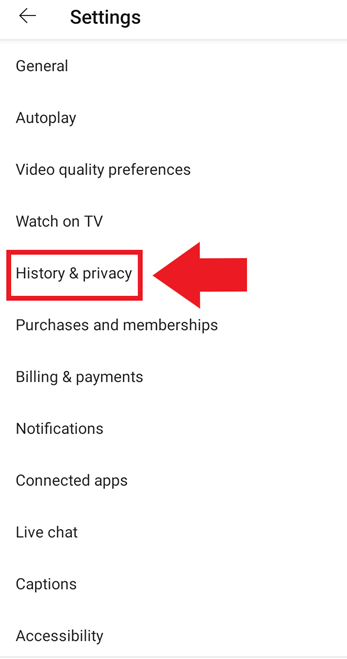 YouTube app Settings: “History & privacy”