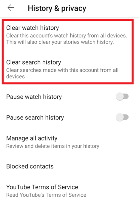 YouTube app: menu “History & privacy”