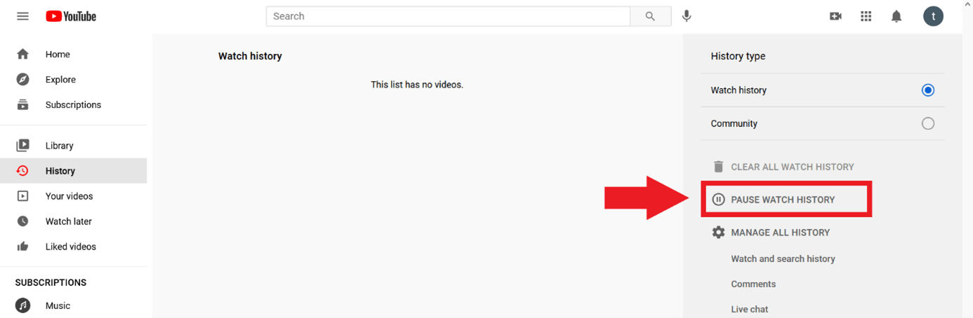 YouTube: Pause history