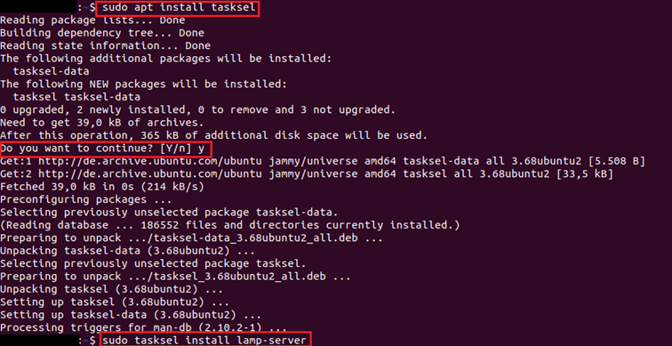 Screenshot of Ubuntu terminal after entering the installation command for Tasksel and the LAMP server