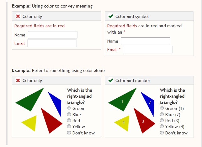 A screenshot of email and name fields with the word “email” in red. Below this image is another image with a group of different colored triangles. On the right, numbers and asterisks have been added to the examples to make them easier to understand.