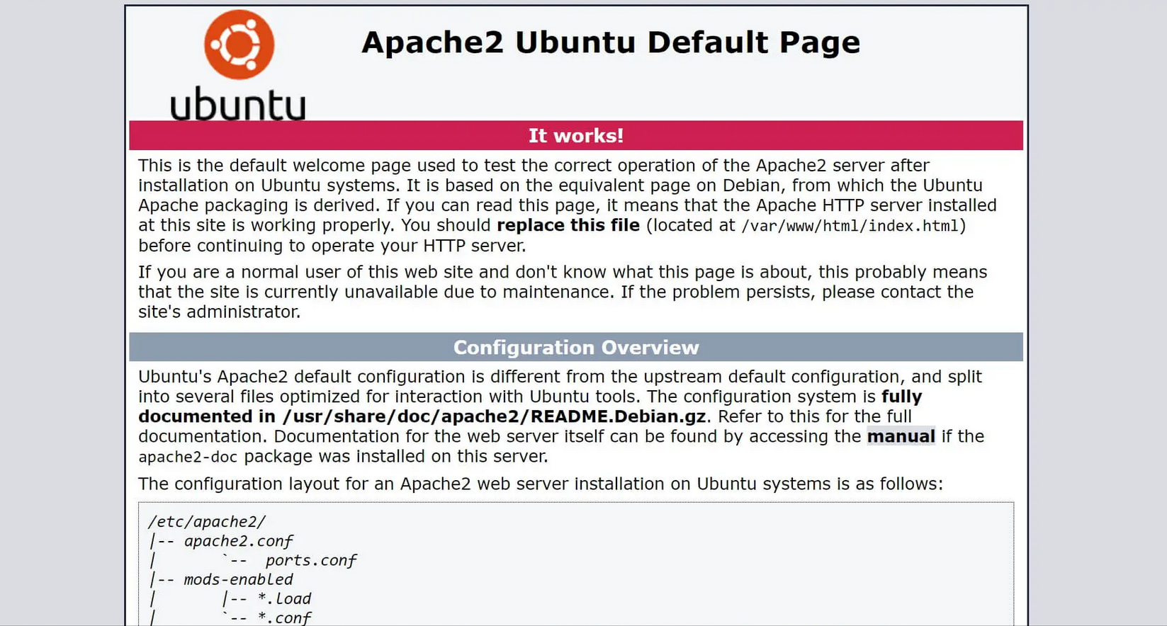 Web browser: Apache default page on Ubuntu