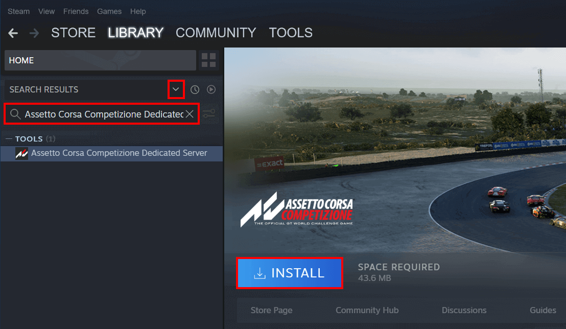 Installation of ACC dedicated server software via Steam library