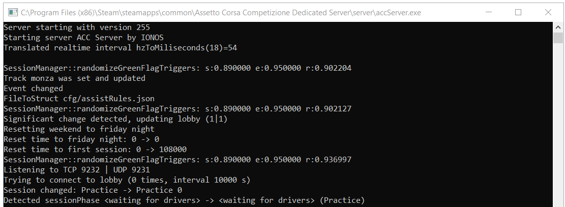 Initializing the Assetto Corsa Competizione server at the Windows command prompt