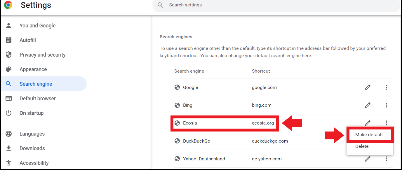 The Chrome menu “Make Default” The Chrome menu “Make Default”