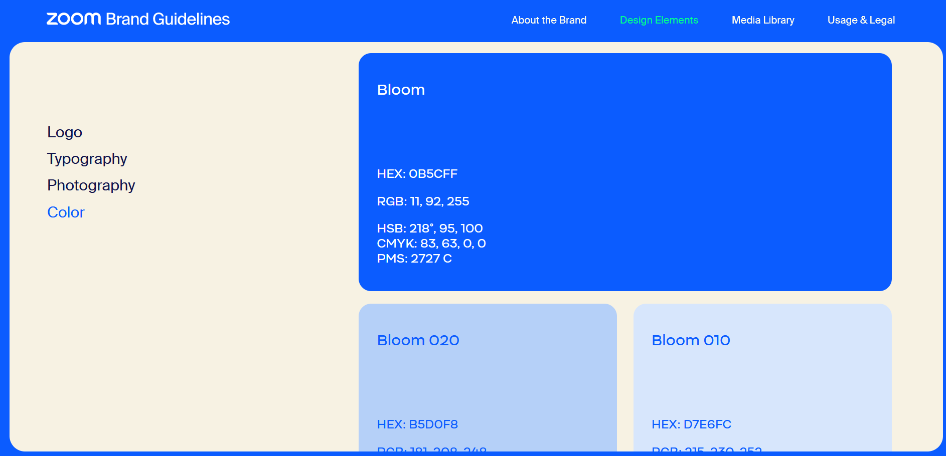 Screenshot of Zoom’s color palette in the video communication platform’s style guide.