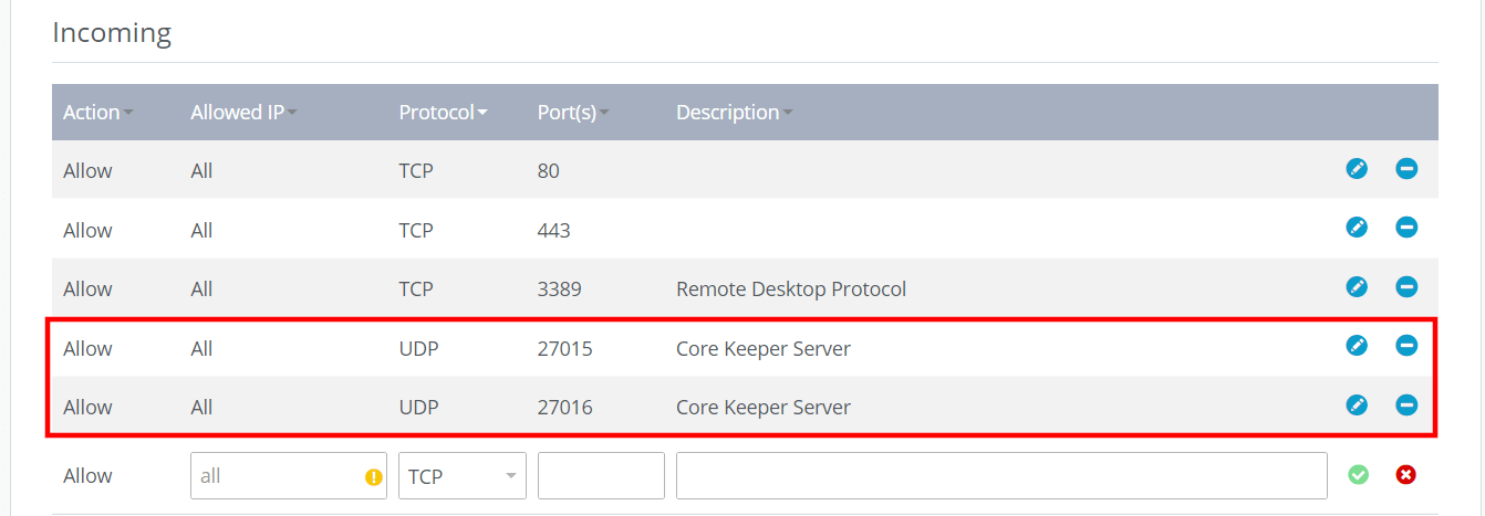 Core Keeper Server: open ports in IONOS Cloud Panel
