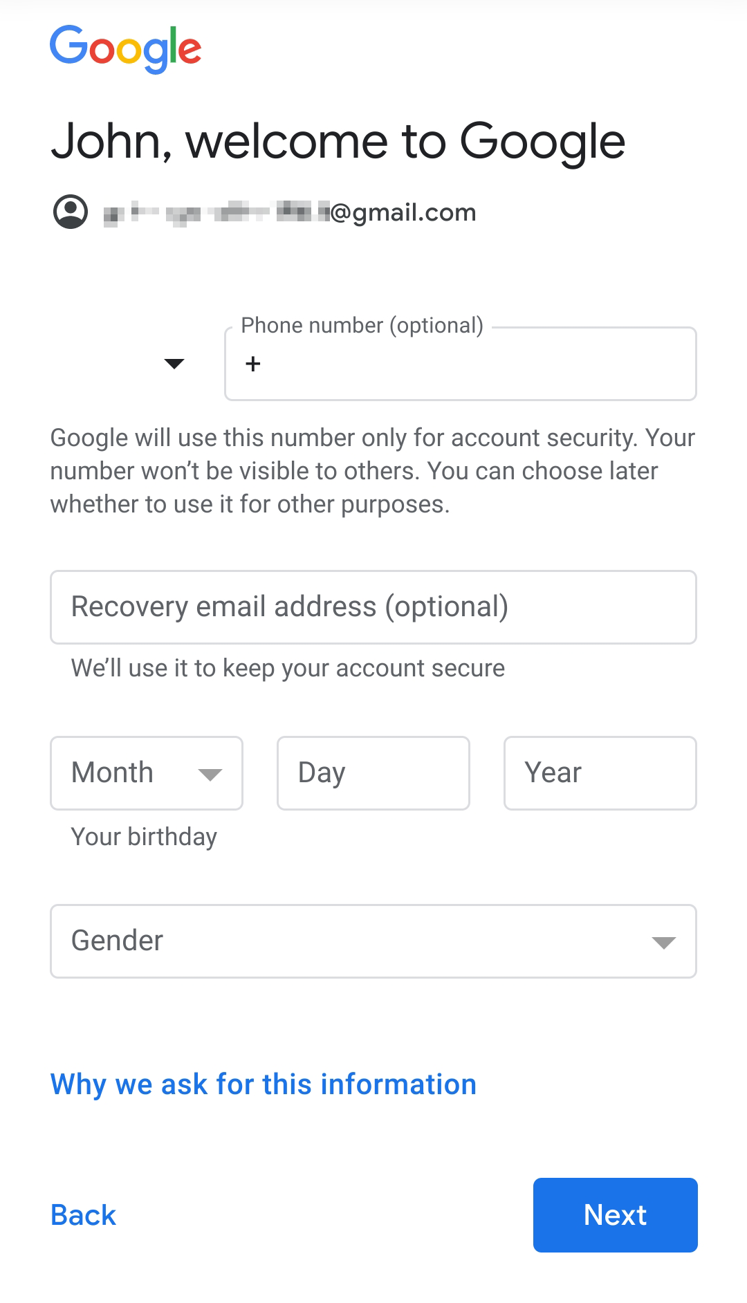 Entering personal data such as your phone number and date of birth on Google