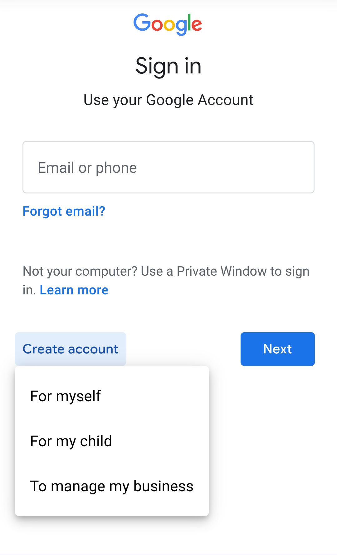 Screenshot of the second step when creating a Google account