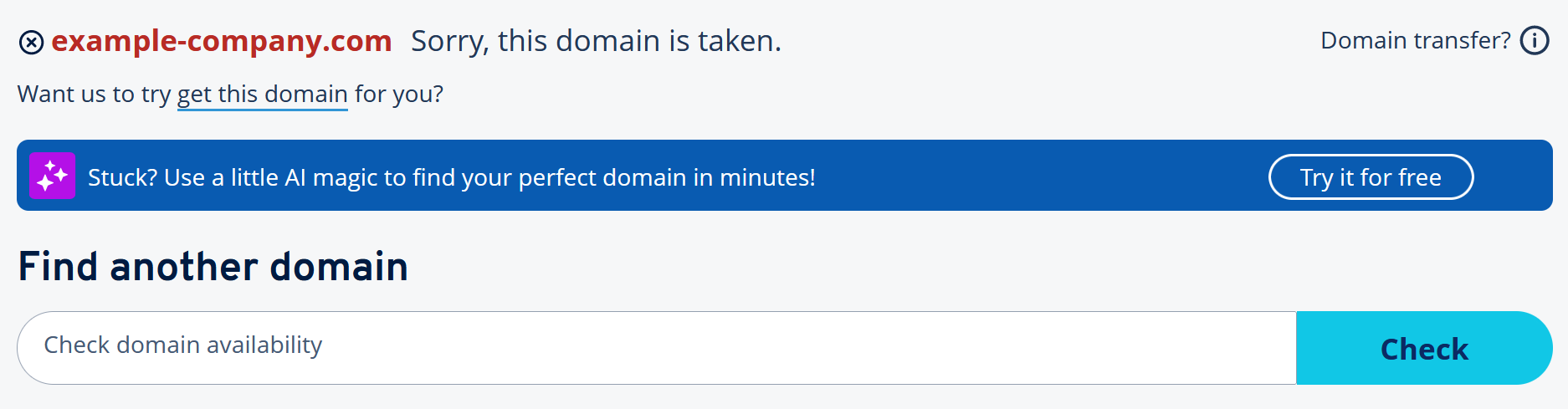 IONOS Domain Check notification stating that the domain is already taken