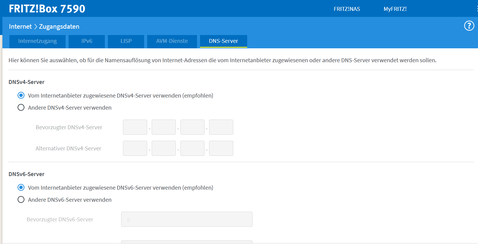 DNS server settings of a Fritz!Box DNS server settings of a Fritz!Box
