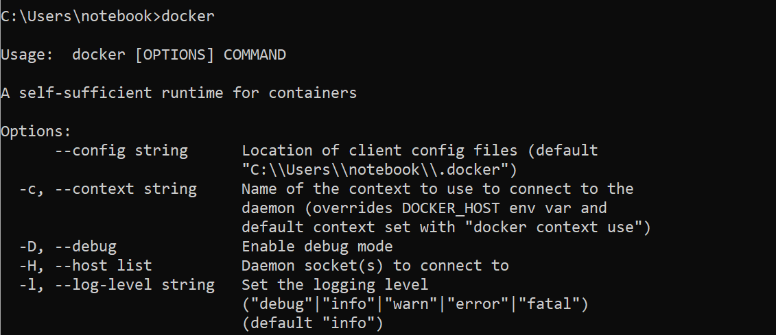 Docker commands in the terminal