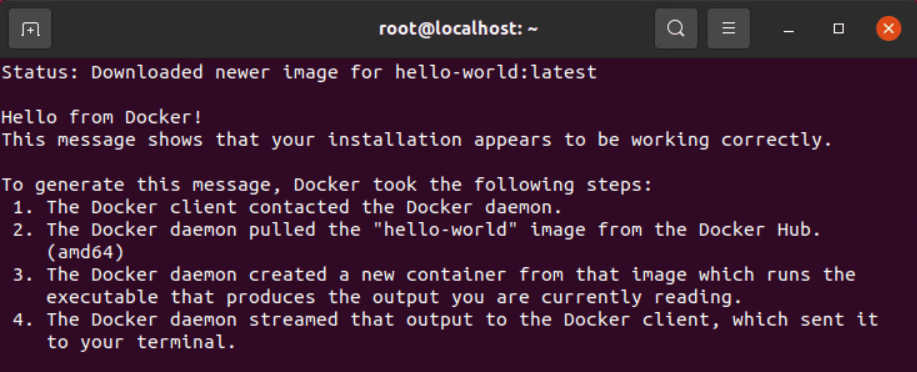 Ubuntu terminal: Docker success message