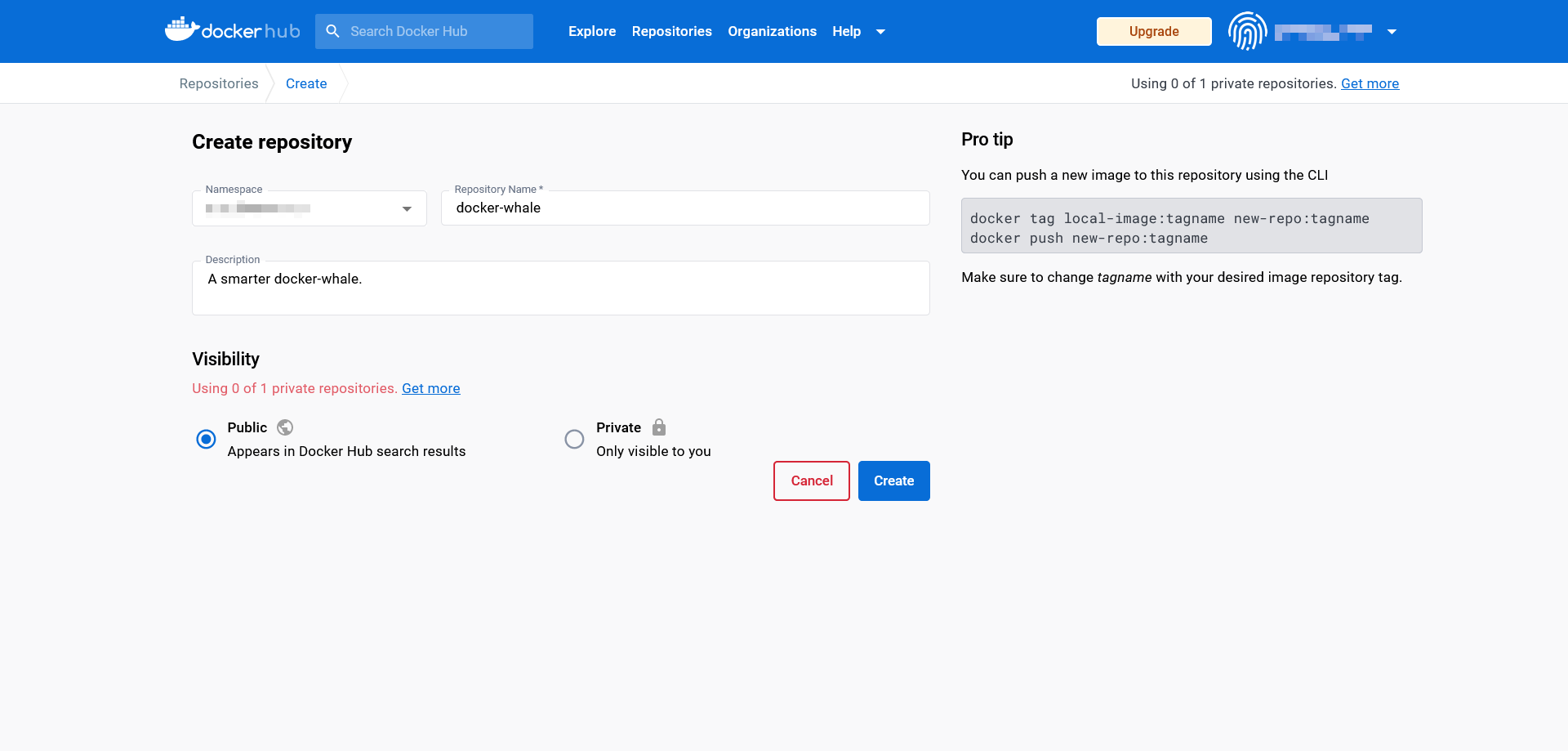 The Docker hub: Entry form for creating a repository The Docker hub: Entry form for creating a repository