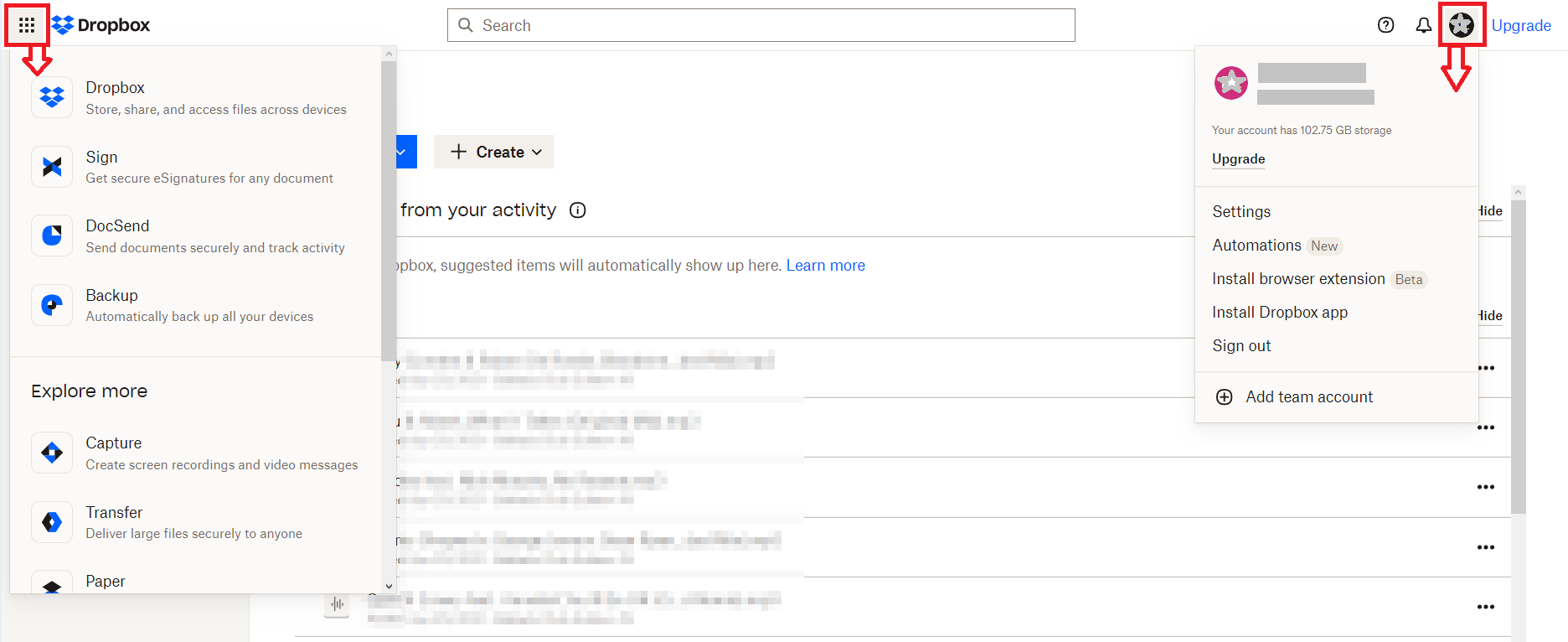 Dropbox browser user interface with extras and profile settings Dropbox browser user interface with extras and profile settings