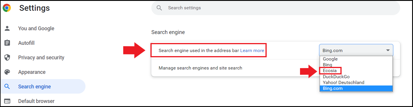 The Ecosia search engine in Chrome’s “Search engine” menu