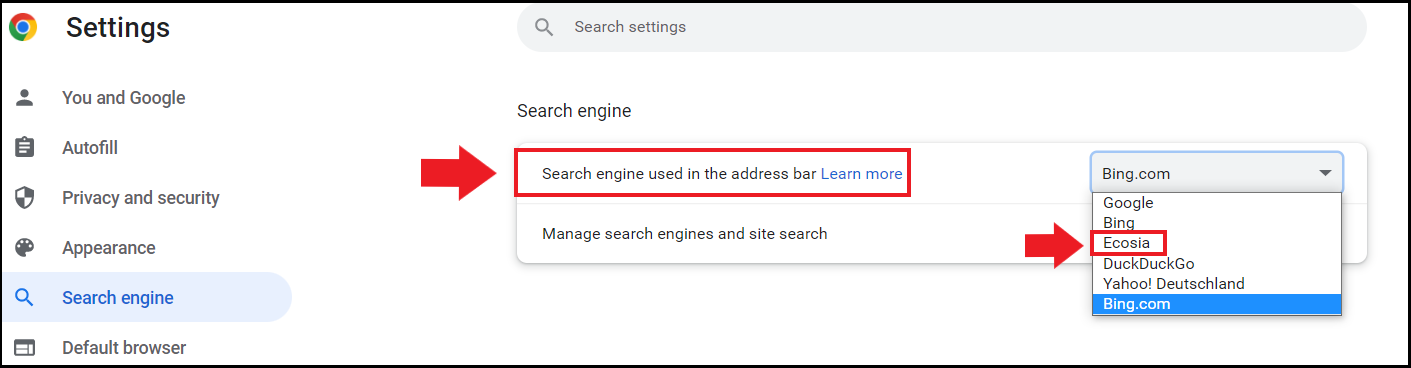 The Ecosia search engine in Chrome’s “Search engine” menu The Ecosia search engine in Chrome’s “Search engine” menu