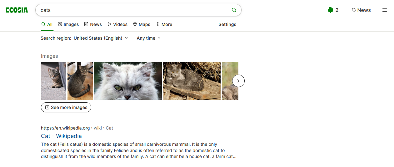 Ecosia search results for the term “cats”