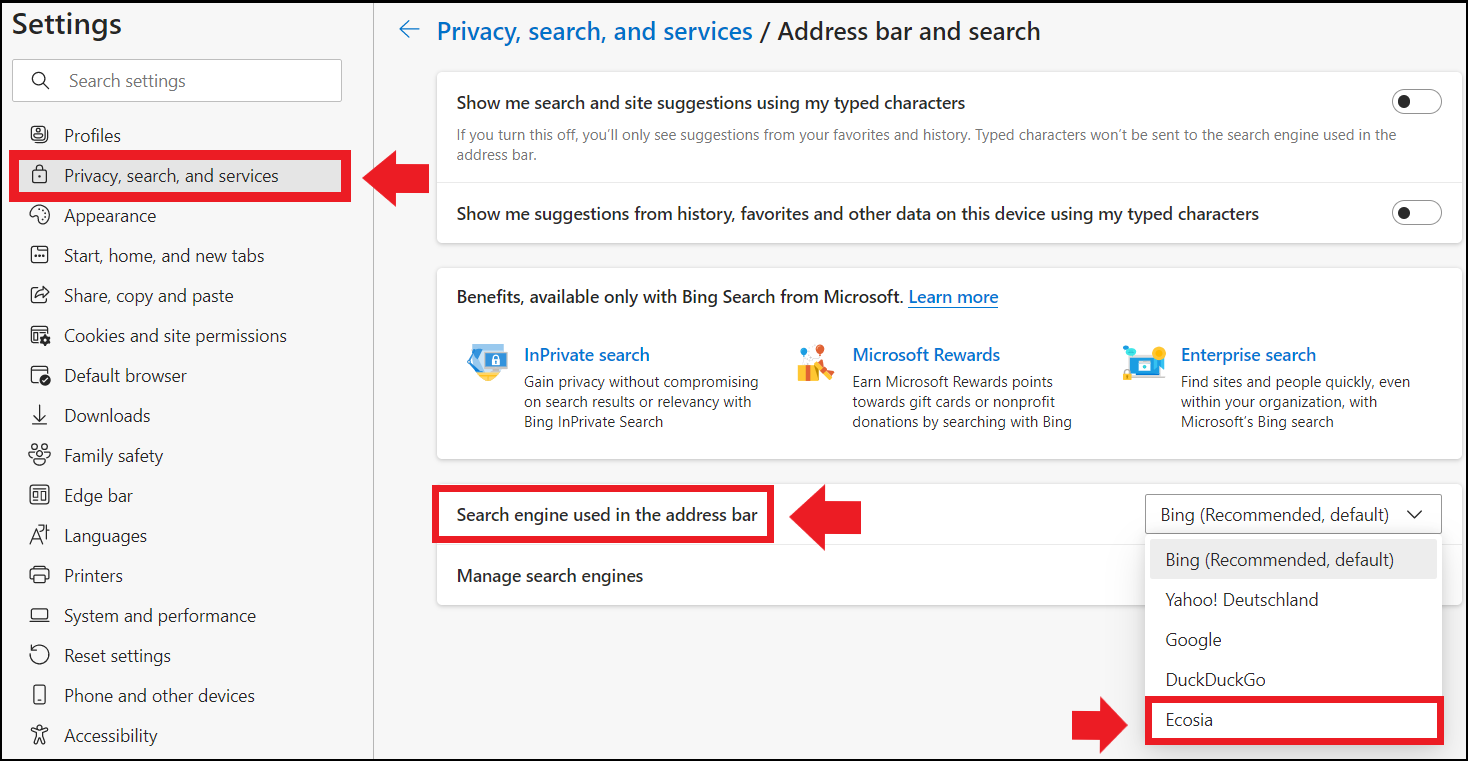 The Edge menu “Search engine used in address bar” The Edge menu “Search engine used in address bar”