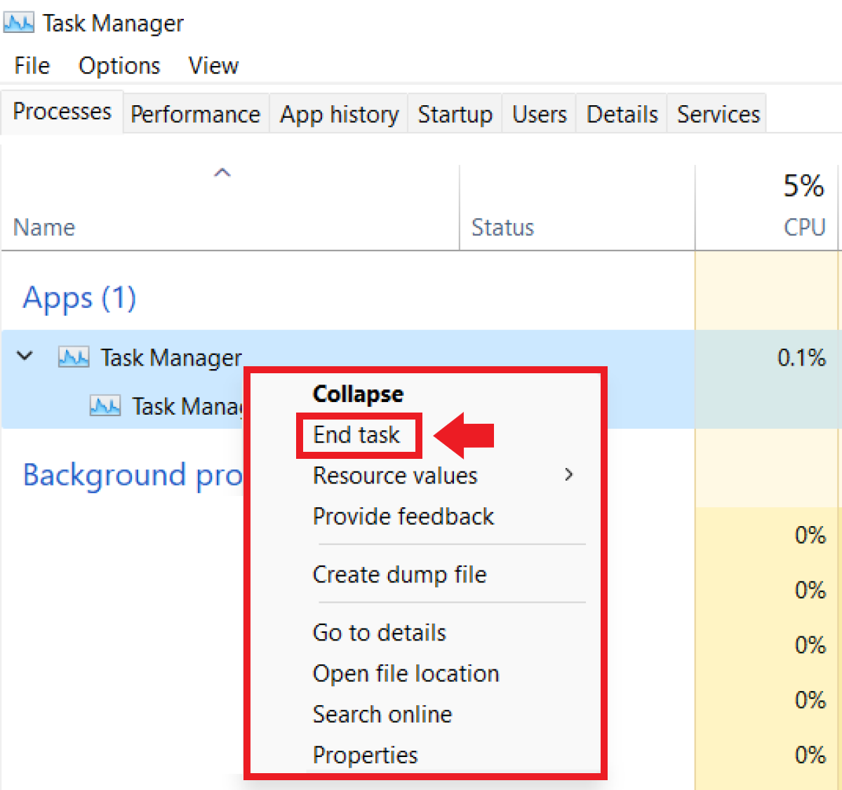 The End task option in the Processes menu of Task Manager