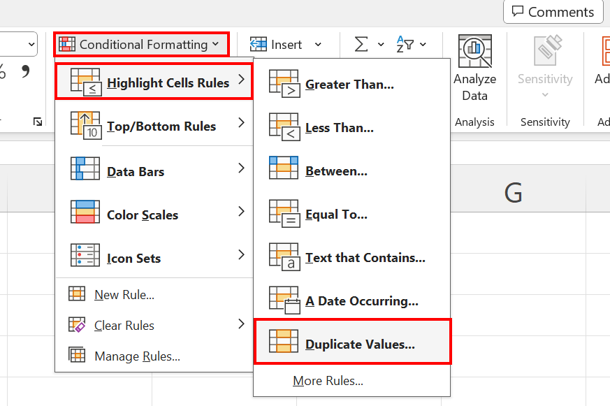 The Conditional Formatting menu in Excel with the option to display duplicates