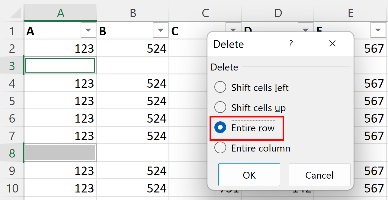 Excel: Deleting an entire row